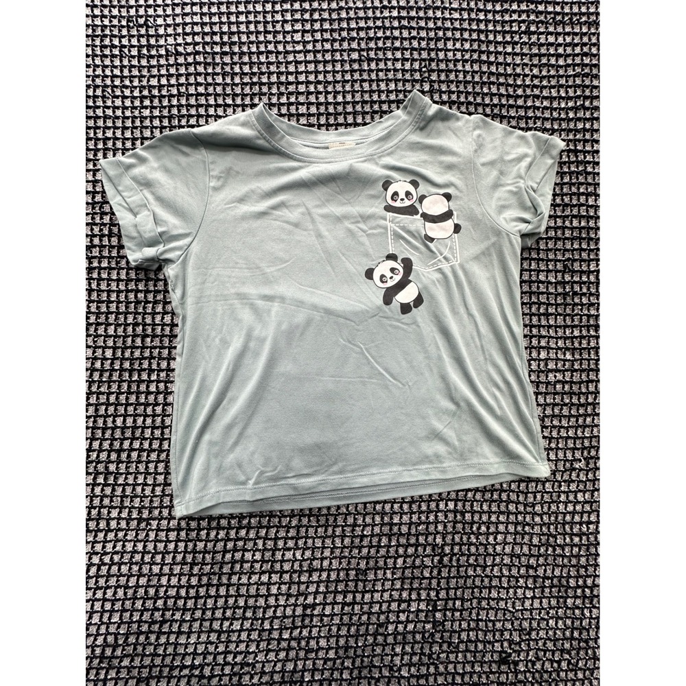 Lily Bleu Panda Graphic Tee Girls Size L 14 Sage Green Cuffed Sleeve